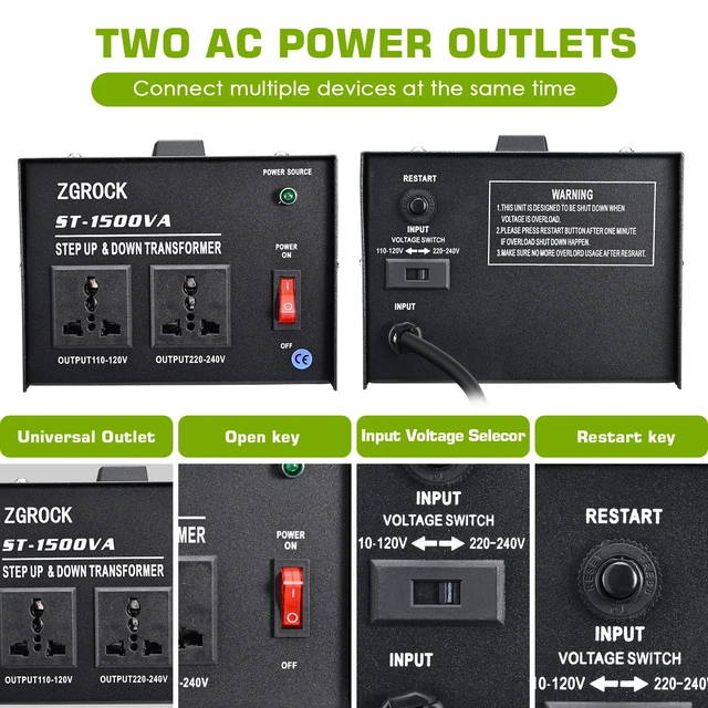 Alt view image 4 of 7 - 1500W Voltage Converter Transformer Heavy Duty Step Up/Down- 110 / 220V- Circuit Breaker Protection