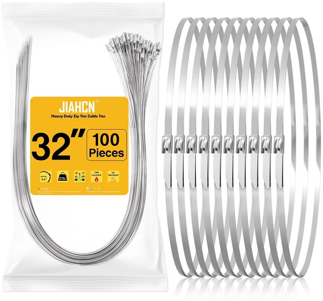 Main image of 100PCS Metal Cable Zip Ties Heavy Duty 32 Inch Extra Long Stainless Steel ZipTies 270LBS Tensile Strength Steel Wire Ties Multi-Purpose Self-Locking Metal Wrap Ties for Indoor and Outdoor