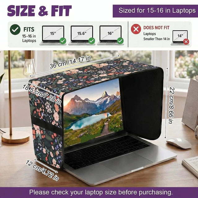 Alt view image 2 of 7 - Laptop Shade 15-16 Inch, Outdoor Black Floral Pattern Foldable Sun Visor Blocks Glare, Protect Screen for Outdoor Work, Lightweight Anti-glare Hood, Portable Laptop Block