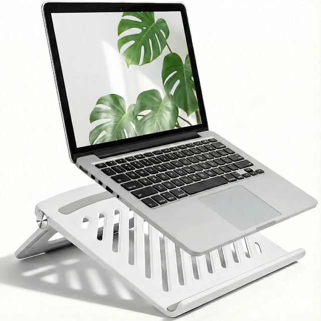 Main image of White Laptop Stand for Desk, Adjustable Foldable Laptop Riser Raise your laptop for work, study, and video calls with airflow slots, silicone pads, and a fold-flat design for storage