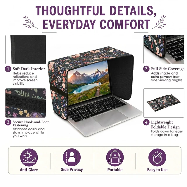 Alt view image 7 of 7 - Laptop Shade 15-16 Inch, Outdoor Black Floral Pattern Foldable Sun Visor Blocks Glare, Protect Screen for Outdoor Work, Lightweight Anti-glare Hood, Portable Laptop Block