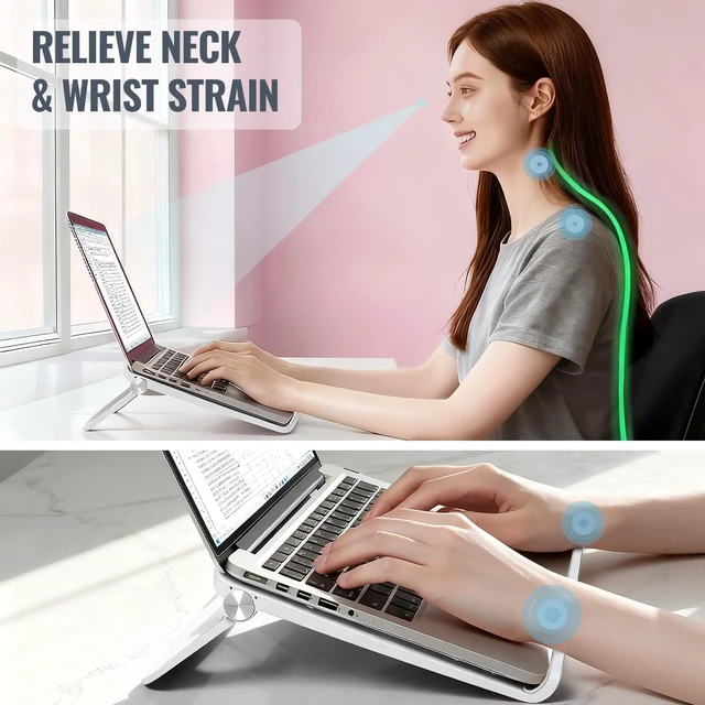 Alt view image 2 of 6 - White Laptop Stand for Desk, Adjustable Foldable Laptop Riser Raise your laptop for work, study, and video calls with airflow slots, silicone pads, and a fold-flat design for storage