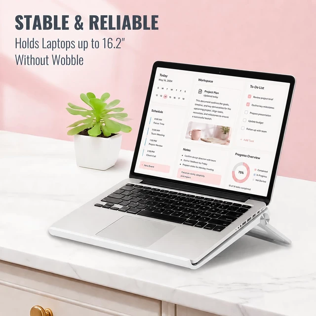 Alt view image 3 of 6 - White Laptop Stand for Desk, Adjustable Foldable Laptop Riser Raise your laptop for work, study, and video calls with airflow slots, silicone pads, and a fold-flat design for storage