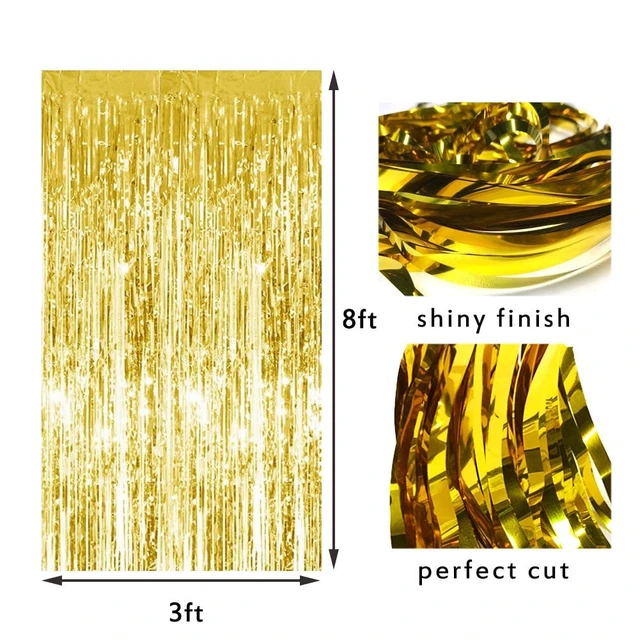 Alt view image 3 of 6 - 4 Pack Black Gold Foil Fringe Curtain Backdrop 3.2 x 8.2 Ft Metallic Tinsel Streamers with Adhesive Back Shimmer Party Background for Birthday Graduation New Year Halloween Wedding Photo Booth Decor