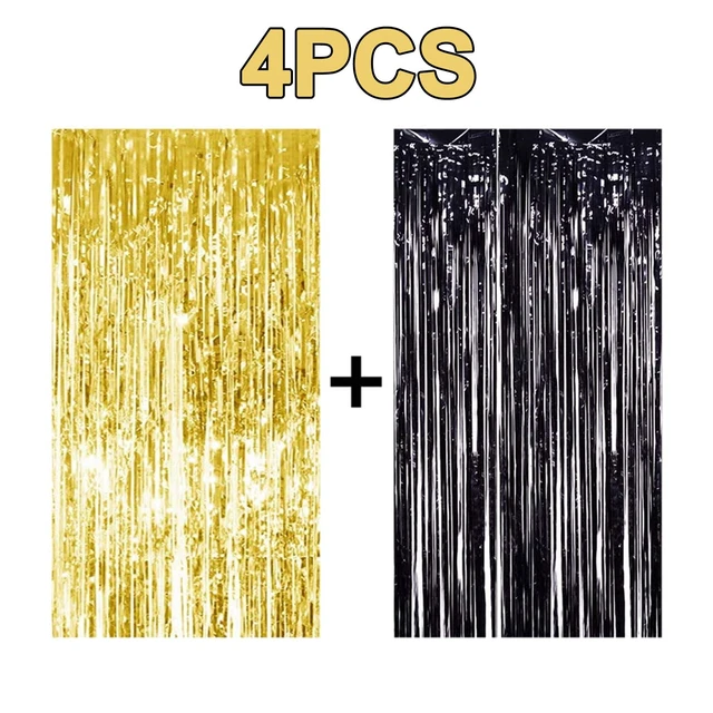 Alt view image 2 of 6 - 4 Pack Black Gold Foil Fringe Curtain Backdrop 3.2 x 8.2 Ft Metallic Tinsel Streamers with Adhesive Back Shimmer Party Background for Birthday Graduation New Year Halloween Wedding Photo Booth Decor