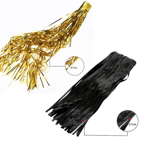 Alt view image 4 of 6 - 4 Pack Black Gold Foil Fringe Curtain Backdrop 3.2 x 8.2 Ft Metallic Tinsel Streamers with Adhesive Back Shimmer Party Background for Birthday Graduation New Year Halloween Wedding Photo Booth Decor