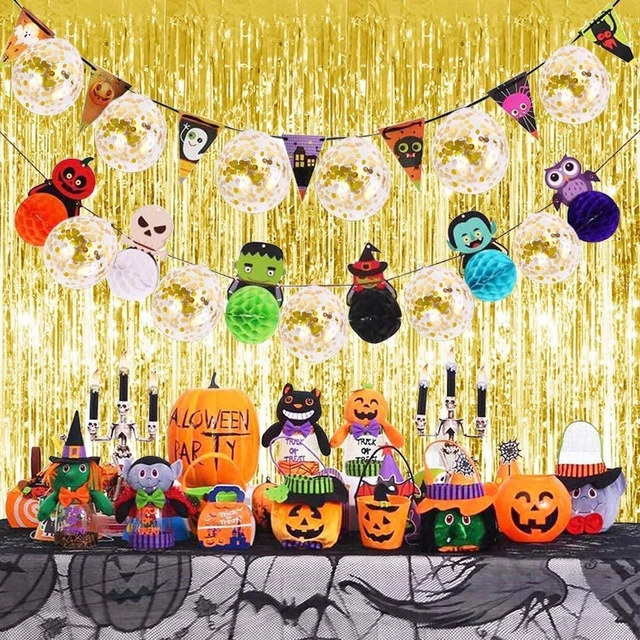 Alt view image 6 of 6 - 4 Pack Black Gold Foil Fringe Curtain Backdrop 3.2 x 8.2 Ft Metallic Tinsel Streamers with Adhesive Back Shimmer Party Background for Birthday Graduation New Year Halloween Wedding Photo Booth Decor