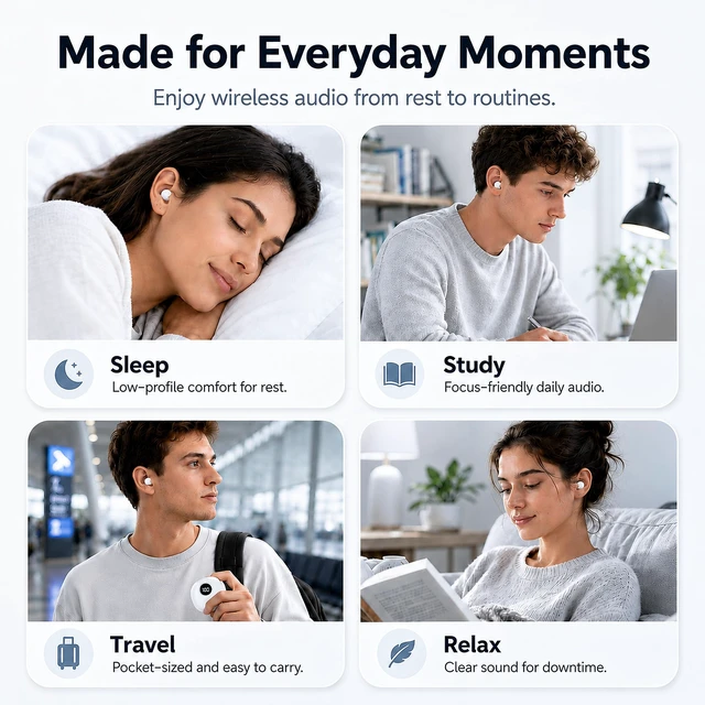 Alt view image 7 of 7 - Invisible Sleep Earbuds for Side Sleepers, Mini Bluetooth Headphones, White Ultra-small wireless Earphones with LED power display and a noise-blocking for Sports, travel, work,side sleeping