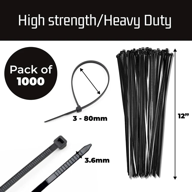 Alt view image 5 of 7 - 12-Inch Black Zip Ties - 1000-Pack Heavy Duty Wire and Cable Ties - Durable Self-Locking Nylon with 40 lbs Tensile Strength - UV and Temperature Resistant for Indoor and Outdoor Use