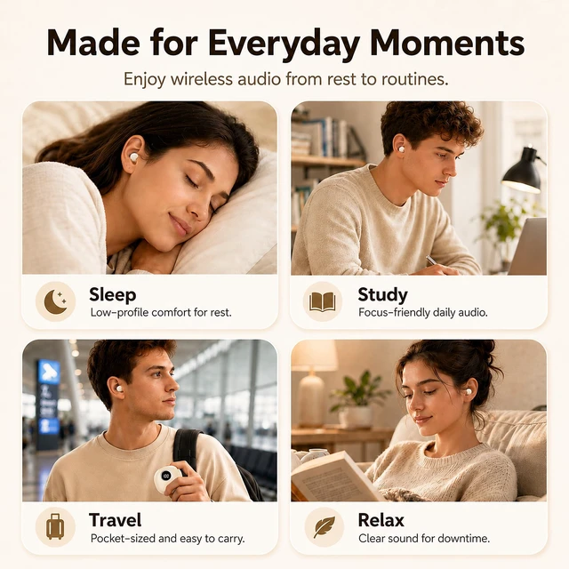 Alt view image 7 of 7 - Invisible Sleep Earbuds for Side Sleepers, Mini Bluetooth Headphones, Skin Ultra-small wireless Earphones with LED power display and a noise-blocking for Sports, travel, work,side sleeping