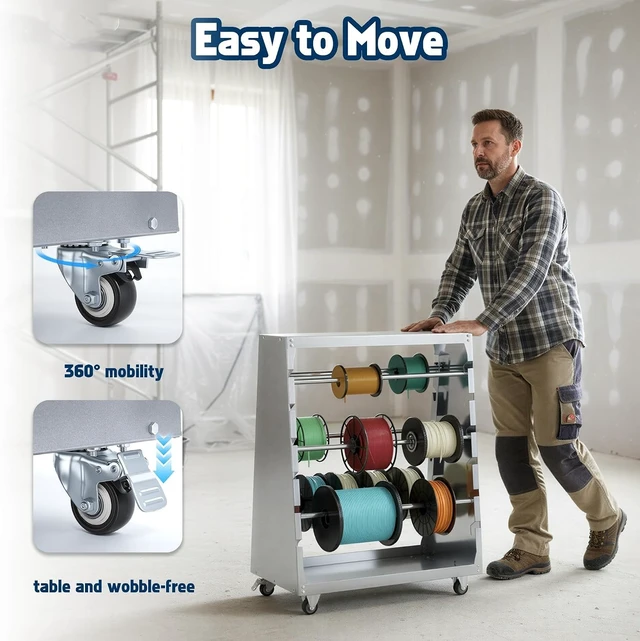 Alt view image 5 of 7 - 6-Rod Wire Spool Rack with Lockable Wheels, 300lbs Capacity, Gray Multiple Axle Cable Caddy & Dispenser, Warehouse Reel Storage Cart, Cord Holder Organizer for Electrical, Industrial