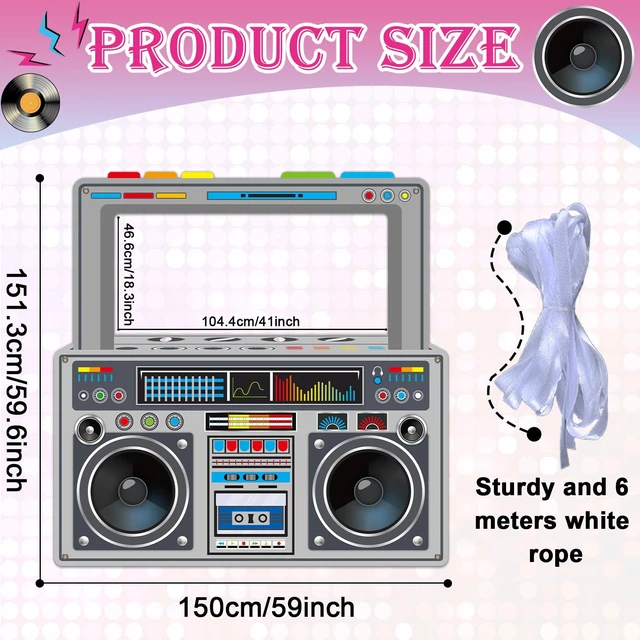 Alt view image 2 of 7 - 80s 90s Party Decorations Gray Radio Boombox Photo Booth Props Frame Radio Boombox Selfie Frame Backdrop Hanging Banner Party Supplies for 90s Boys Girls Hip Hop Music Theme Birthday Decor