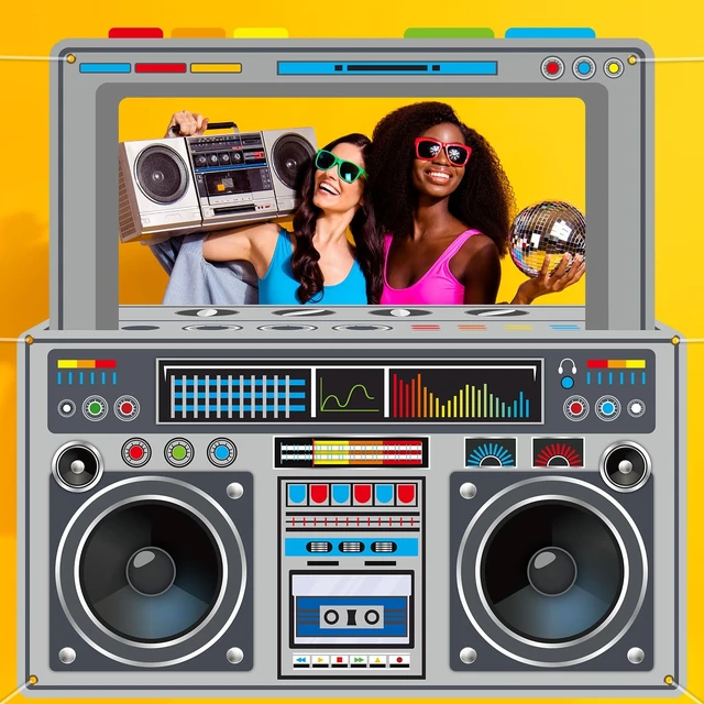 Alt view image 4 of 7 - 80s 90s Party Decorations Gray Radio Boombox Photo Booth Props Frame Radio Boombox Selfie Frame Backdrop Hanging Banner Party Supplies for 90s Boys Girls Hip Hop Music Theme Birthday Decor