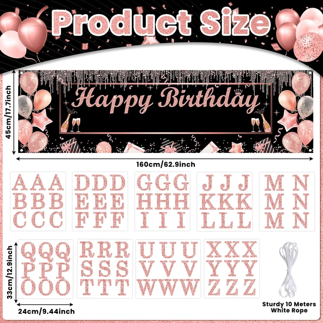 Alt view image 2 of 7 - Personalized Birthday Banner Happy Birthday Party Decor Custom DIY Rose and Gold Black Birthdays Backdrop with Name Alphabet Letter Sticker Happy Birthdays Sign Party Supplies for Men Women