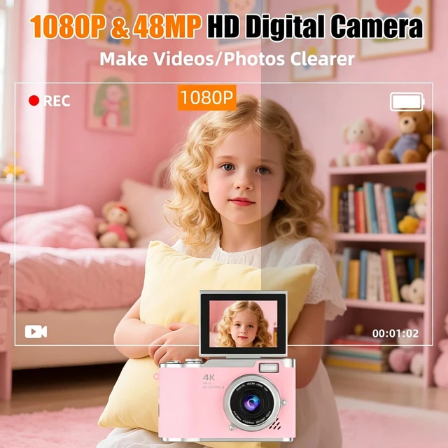 Alt view image 2 of 7 - Digital Camera 1080P,Autofocus 48MP Video Selfie Camera(32GB Card) Flip Screen Digital Camera 8X Zoom Anti Shake Compact Point and Shoot Camera for Kids Teens Beginner 2.4"Screen