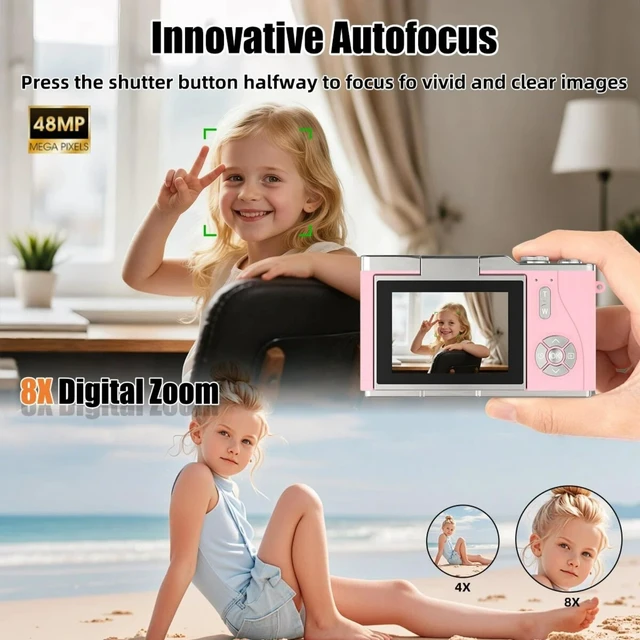 Alt view image 4 of 7 - Digital Camera 1080P,Autofocus 48MP Video Selfie Camera(32GB Card) Flip Screen Digital Camera 8X Zoom Anti Shake Compact Point and Shoot Camera for Kids Teens Beginner 2.4"Screen