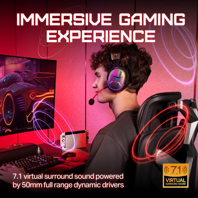 Alt view image 2 of 7 - Storm G2 Wireless Gaming Headsets, 7.1 Virtual Surround Sound, 3 EQ Modes, 2.4G Low Latency, 50mm Driver, 40H Playtime, RGB Light, Bluetooth 5.3, Compatible with PC, Console, Mobile, Black