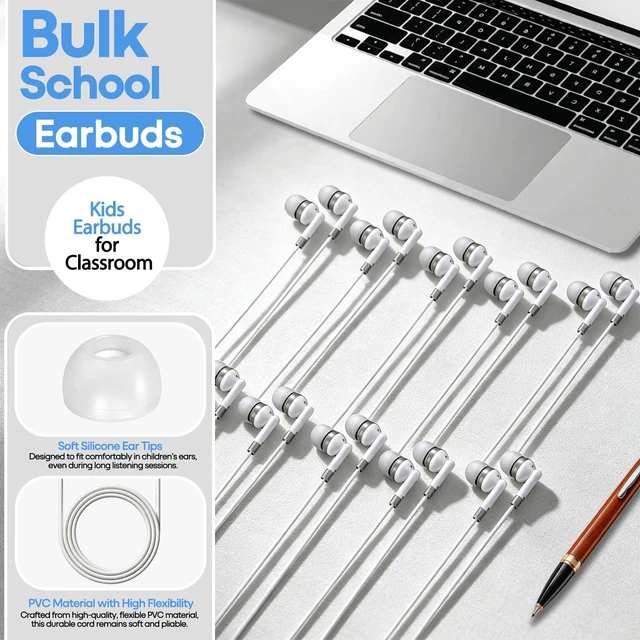 Alt view image 2 of 7 - Bulk Earbuds Headphones 50 Pack, Wholesale Disposable Earphones for Schools Classroom Students Kids Children (White)