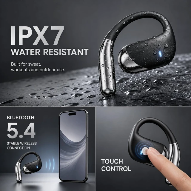 Alt view image 6 of 7 - Open Ear Headphones with Earhooks 80H Battery IPX7 Waterproof