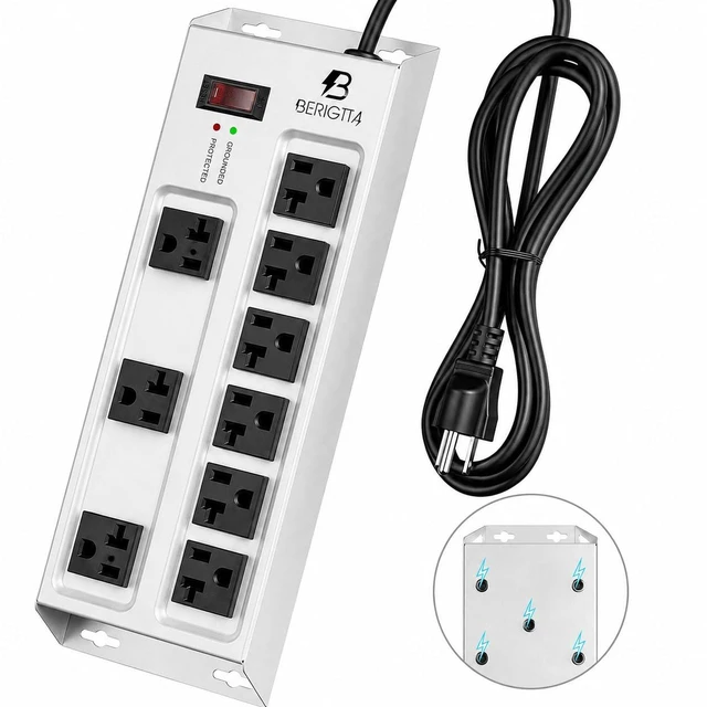 Main image of Magnetic Heavy Duty 20A Power Strip with Surge Protector, 9-Outlet Metal Junction Box with 6FT 12/3 Gauge Cord, for Garage, Workshop & Appliance (Silver)