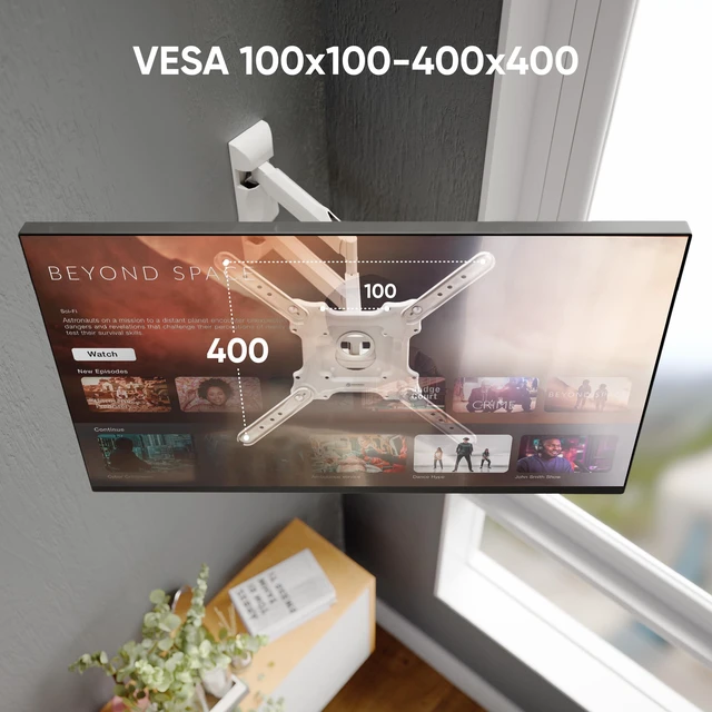 Alt view image 6 of 7 - Full Motion TV Wall Mount 32-65", 77 lbs, max VESA 400x400, White Articulating TV mount with 180° swivel, tilt, extension arm, cable management, single stud bracket; for corner, home & office