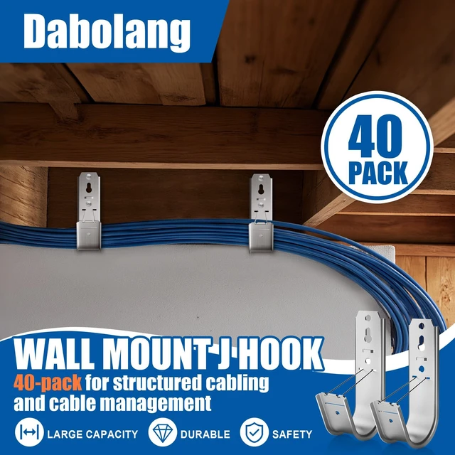 Alt view image 3 of 7 - 40 Pack J Cable Hook with Retainer Clip,2" J-Hook for Hanging Cable & Wire Heavy Duty Wall Mount J-Hooks,Cable Hooks for Structured Cabling and Cable Management