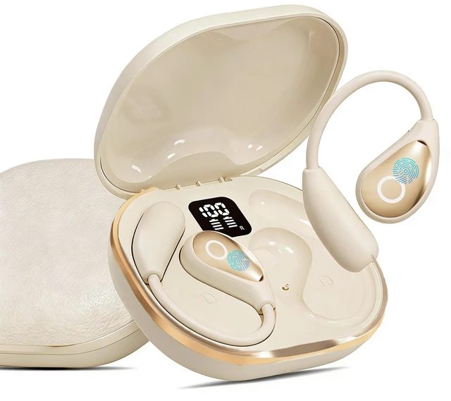 Main image of Open Ear Earbuds Bluetooth 5.4 Wireless Headphones, 50H Beige Open Ear Earbuds, Comfort, Smart Display, Clear calls, 50H, Lightweight over-ear Buds for Sports, Cycling, Running, Workout
