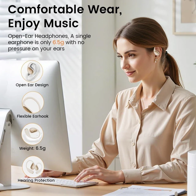 Alt view image 2 of 7 - Open Ear Earbuds Bluetooth 5.4 Wireless Headphones, 50H Beige Open Ear Earbuds, Comfort, Smart Display, Clear calls, 50H, Lightweight over-ear Buds for Sports, Cycling, Running, Workout