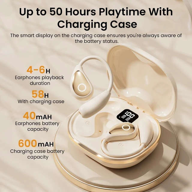 Alt view image 3 of 7 - Open Ear Earbuds Bluetooth 5.4 Wireless Headphones, 50H Beige Open Ear Earbuds, Comfort, Smart Display, Clear calls, 50H, Lightweight over-ear Buds for Sports, Cycling, Running, Workout