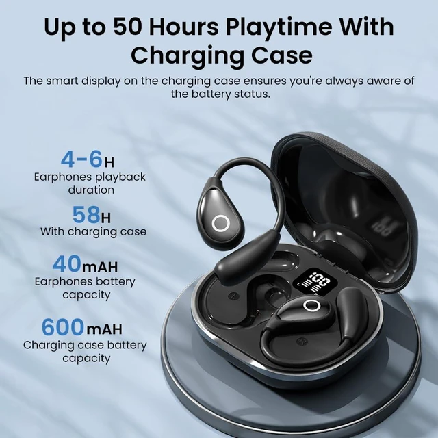Alt view image 3 of 7 - Open Ear Earbuds Bluetooth 5.4 Wireless Headphones, 50H Black Open Ear Earbuds, Comfort, Smart Display, Clear calls, 50H, Lightweight over-ear Buds for Sports, Cycling, Running, Workout
