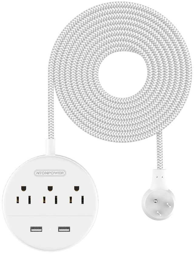Main image of Braided Extension Cord 15 ft, Flat Plug Power Strip with USB, Compact Nightstand Desktop Charging Station with 3 Outlets 2 USB Ports, Wall Mount for Dorm Nightstand Desk, White