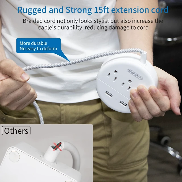 Alt view image 3 of 7 - Braided Extension Cord 15 ft, Flat Plug Power Strip with USB, Compact Nightstand Desktop Charging Station with 3 Outlets 2 USB Ports, Wall Mount for Dorm Nightstand Desk, White