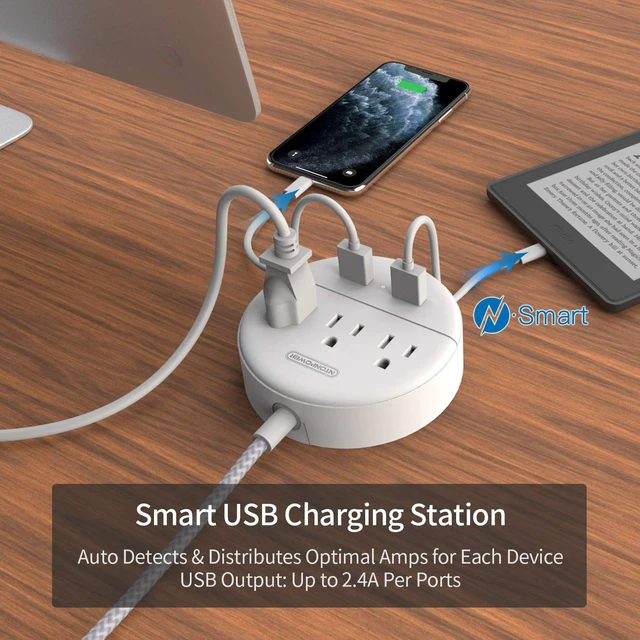 Alt view image 4 of 7 - Braided Extension Cord 15 ft, Flat Plug Power Strip with USB, Compact Nightstand Desktop Charging Station with 3 Outlets 2 USB Ports, Wall Mount for Dorm Nightstand Desk, White