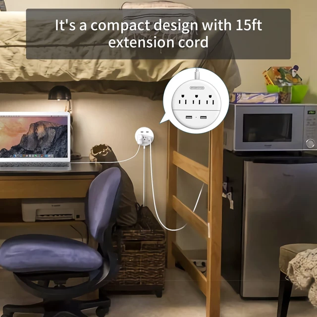 Alt view image 5 of 7 - Braided Extension Cord 15 ft, Flat Plug Power Strip with USB, Compact Nightstand Desktop Charging Station with 3 Outlets 2 USB Ports, Wall Mount for Dorm Nightstand Desk, White