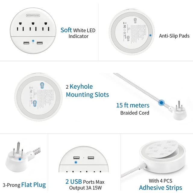 Alt view image 7 of 7 - Braided Extension Cord 15 ft, Flat Plug Power Strip with USB, Compact Nightstand Desktop Charging Station with 3 Outlets 2 USB Ports, Wall Mount for Dorm Nightstand Desk, White