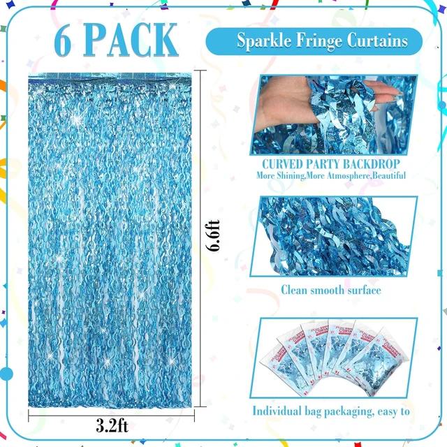 Alt view image 2 of 7 - 6 Pcs Foil Fringe Curtains Backdrop Tinsel, Light Blue 3.3x6.6 ft Wavy Shimmer Metallic Streamer for PartiesOcean Mermaid Birthday Shower,Photo Booth Background