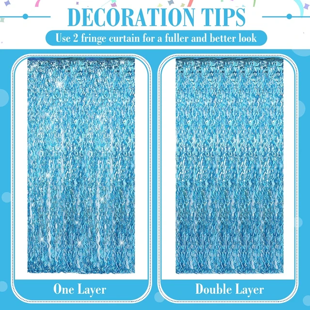 Alt view image 4 of 7 - 6 Pcs Foil Fringe Curtains Backdrop Tinsel, Light Blue 3.3x6.6 ft Wavy Shimmer Metallic Streamer for PartiesOcean Mermaid Birthday Shower,Photo Booth Background