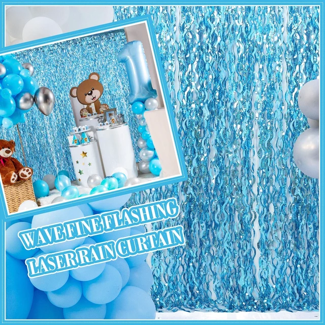 Alt view image 6 of 7 - 6 Pcs Foil Fringe Curtains Backdrop Tinsel, Light Blue 3.3x6.6 ft Wavy Shimmer Metallic Streamer for PartiesOcean Mermaid Birthday Shower,Photo Booth Background
