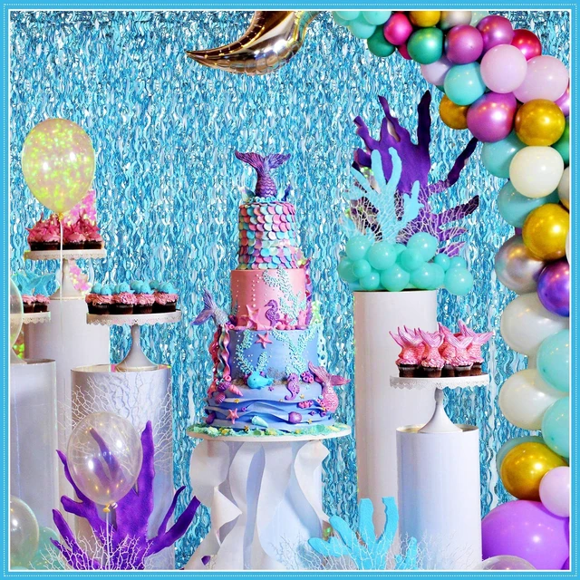 Alt view image 5 of 7 - 6 Pcs Foil Fringe Curtains Backdrop Tinsel, Light Blue 3.3x6.6 ft Wavy Shimmer Metallic Streamer for PartiesOcean Mermaid Birthday Shower,Photo Booth Background