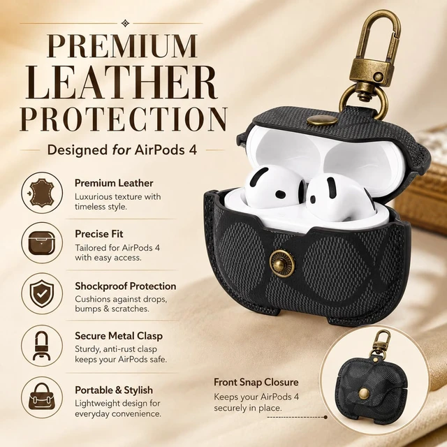 Alt view image 6 of 7 - for AirPods 4 Case, Leather Full Body Shockproof Protective Cover(C) For AirPods 5/4 (2026/2024) Standard/ANC; scratch-proof leather, snap flap, key clip, shockproof, fast-charge cutouts