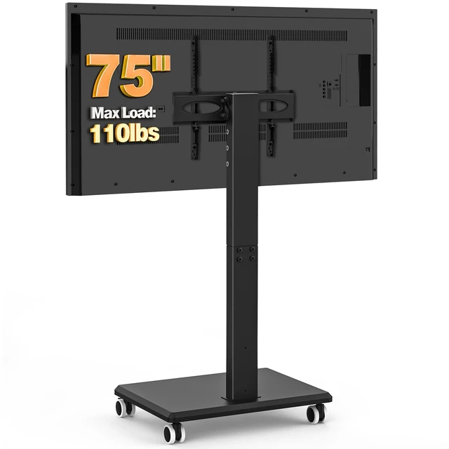 Alt view image 2 of 7 - Height Adjustable Rolling Floor TV Stand, Swivel Freestanding TV Mount with 2'' Nylon Casters, Solid Wood Base for 32-75 Inch TVs Up to 110 lbs, Max VESA 400x400mm