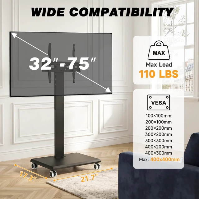 Alt view image 3 of 7 - Height Adjustable Rolling Floor TV Stand, Swivel Freestanding TV Mount with 2'' Nylon Casters, Solid Wood Base for 32-75 Inch TVs Up to 110 lbs, Max VESA 400x400mm