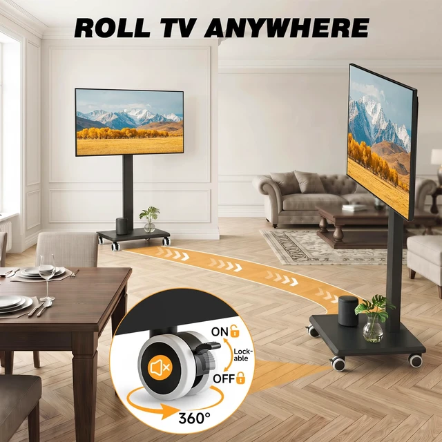 Alt view image 5 of 7 - Height Adjustable Rolling Floor TV Stand, Swivel Freestanding TV Mount with 2'' Nylon Casters, Solid Wood Base for 32-75 Inch TVs Up to 110 lbs, Max VESA 400x400mm
