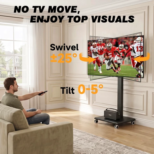 Alt view image 4 of 7 - Height Adjustable Rolling Floor TV Stand, Swivel Freestanding TV Mount with 2'' Nylon Casters, Solid Wood Base for 32-75 Inch TVs Up to 110 lbs, Max VESA 400x400mm