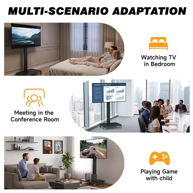 Alt view image 6 of 7 - Height Adjustable Rolling Floor TV Stand, Swivel Freestanding TV Mount with 2'' Nylon Casters, Solid Wood Base for 32-75 Inch TVs Up to 110 lbs, Max VESA 400x400mm
