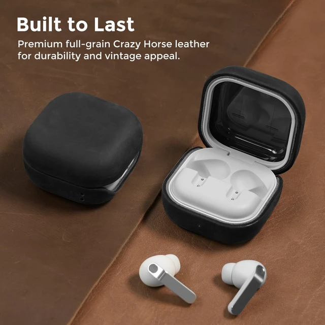 Alt view image 3 of 7 - Leather Case for Samsung Galaxy Buds 4 Pro/Galaxy Buds 4 Case 2026 Handcrafted Genuine Leather Cover, Crazy Horse Leather, Vintage Patina, Wireless Charging, Full Protection, with Lanyard