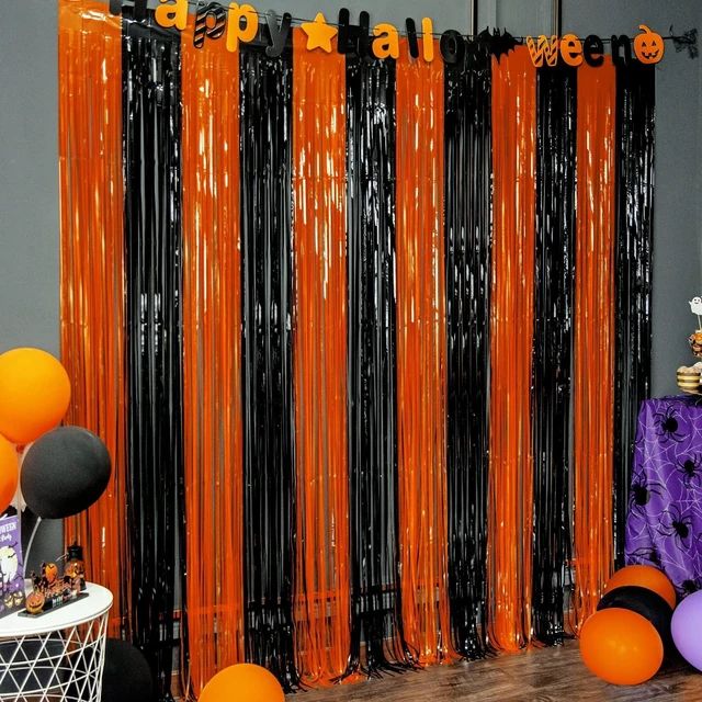 Main image of Halloween Decorations, Orange Black Foil Fringe Curtains, 5 Pack 3.3 X 6.6 ft Spooky Halloween Photo Booth Backdrop, Shiny Tinsel Streamers for Halloween Birthday Anniversary Party Supplies