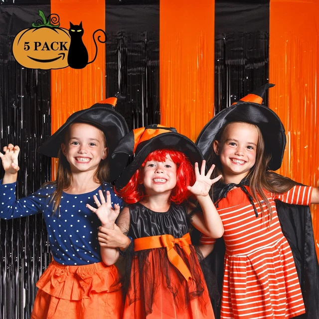 Alt view image 2 of 7 - Halloween Decorations, Orange Black Foil Fringe Curtains, 5 Pack 3.3 X 6.6 ft Spooky Halloween Photo Booth Backdrop, Shiny Tinsel Streamers for Halloween Birthday Anniversary Party Supplies