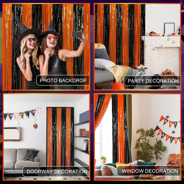 Alt view image 3 of 7 - Halloween Decorations, Orange Black Foil Fringe Curtains, 5 Pack 3.3 X 6.6 ft Spooky Halloween Photo Booth Backdrop, Shiny Tinsel Streamers for Halloween Birthday Anniversary Party Supplies