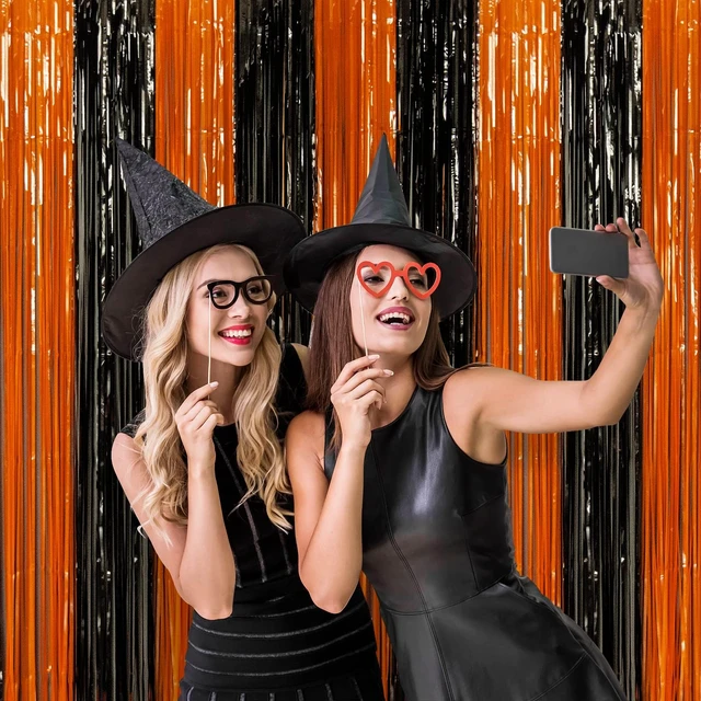 Alt view image 4 of 7 - Halloween Decorations, Orange Black Foil Fringe Curtains, 5 Pack 3.3 X 6.6 ft Spooky Halloween Photo Booth Backdrop, Shiny Tinsel Streamers for Halloween Birthday Anniversary Party Supplies